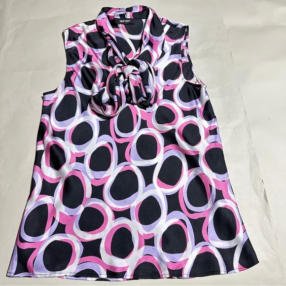 Nine West Sleeveless Multicolor Tie Neck Blouse Size S Purple Pink Black - Picture 1 of 5